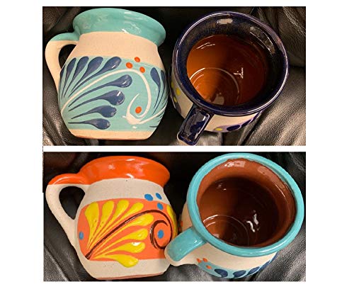 no!no! 4 Mexican Coffee Mugs Jarritos Mexicanos Flower Design Tazas de Barro Micnocana Ponchero Hot Chocolate Champurrado Tepache Pulque Traditional Clay Party Dish China Made in Mexico (Best Mexican Coffee Brands)