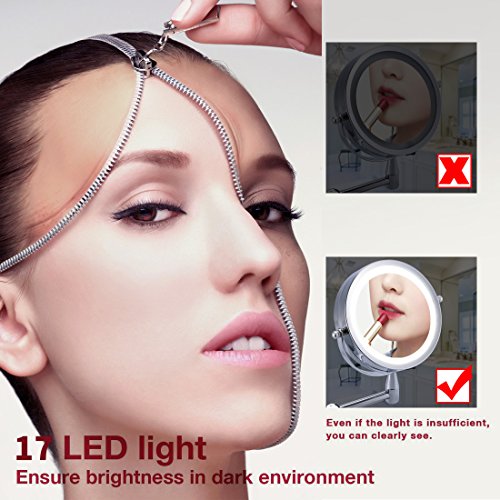Led Cosmetic Mirror Wall Mounted, Double Side, 1X/3X Magnification, Adjustable, Rotating Function, Stainless Steel Lighted Vanity Mirror, Powered by 4 x AAA batteries (not included)
