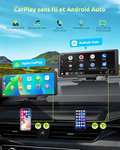ESSGOO CarPlay Car, Supports Wireless CarPlay and Android Auto, 10.26 Inch IPS Touch Screen, 4K Front Camera and 1080P Rear View Camera, Bluetooth 5.3, GPS, FM, AUX, Mirror Link, TF Card 64G