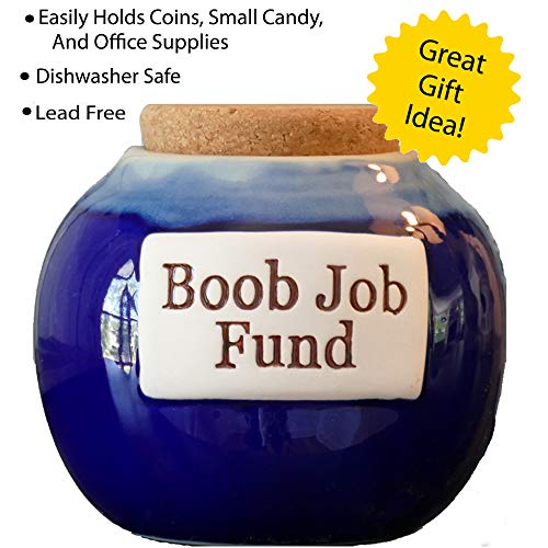 Tumbleweed Cottage Creek - Jars - Boob Job Fund - Blue Round Ceramic Jar with Cork Lid - Gifts for Women - Funny Gifts - Piggy Bank for Women