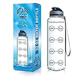 New Clear Sports Water Bottle, Best for Measuring H2o Intake, Tritan BPA Free, Time Tracker w/ Goal Timer, Non-Toxic, 32 oz, Top Plastic Product - Includes Strap for Carrying