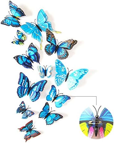 2017 The Latest Upgrade 3D Double-Deck Butterfly Wall Stickers Decor Art Decorations With Magnet、Sponge Gum And Pin 12 Pack (Blue-Pin)