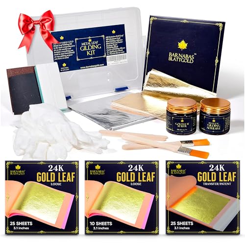 BARNABAS BLATTGOLD Deluxe Gilding Kit – 24K Gold Leaf (60 Sheets), Imitation Gold & Silver Leaf (100 Sheets), Adhesive & Sealer 60ml + Tools – for Art, Crafts & Restoration