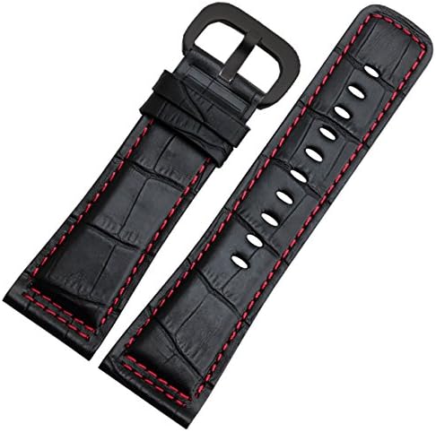 28mm Genuine Leather Watch Strap Black Buckle Red Stitches