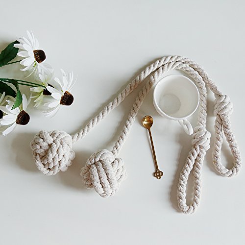 BUZIO 2 – Pack Window Curtain Rope Holdbacks – Decorative Hand-knitted Cord Cotton Tiebacks for Blackout Curtain, Beige - Thumbnail 3