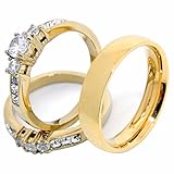 His/Hers 3 PCS Gold IP Stainless Steel Round Small CZ Ring set and Mens Band-W6M11