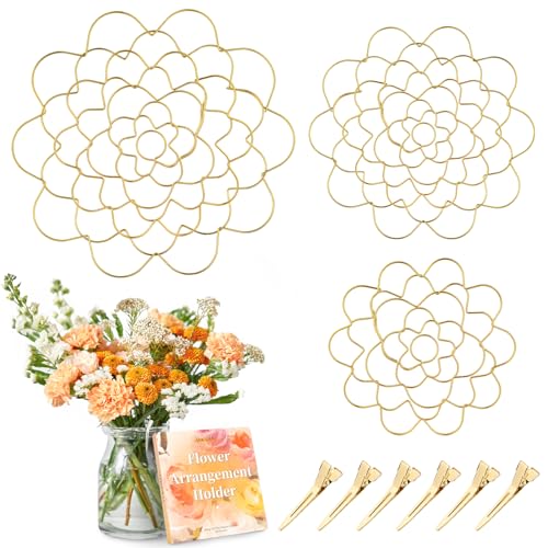 Flower Arranger Holder, Floral Arrangement Holder Bouquet Twister Reusable Gold Stainless Steel Round Metal Flower Lid Supplies for Plant Fixation (3 Pieces)
