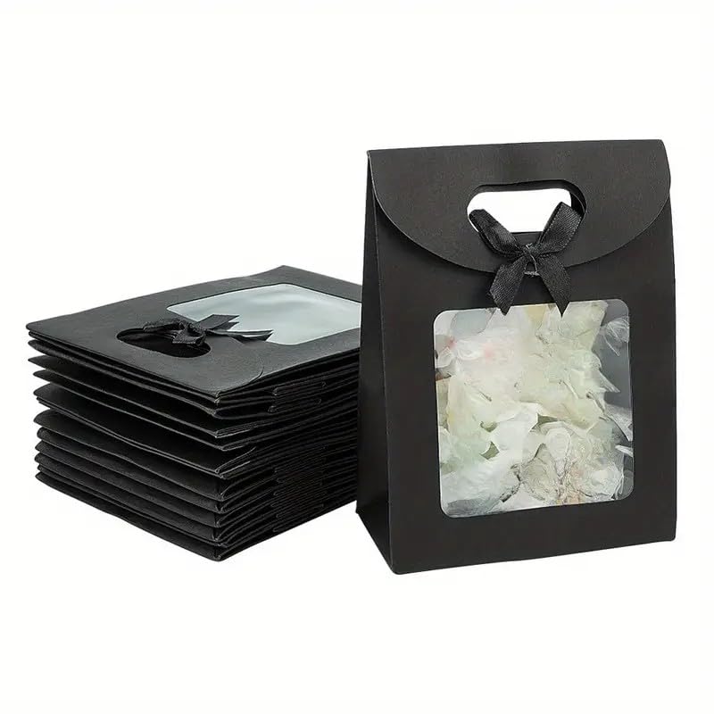 Emartbuy Large Kraft Gift Bags with Clear Window & Ribbon Handle – Size 2 (26 × 19 × 9 cm) | Pack of 12 | Luxury Black Paper Bags for Bakery Packaging, Corporate & Festive Gifting