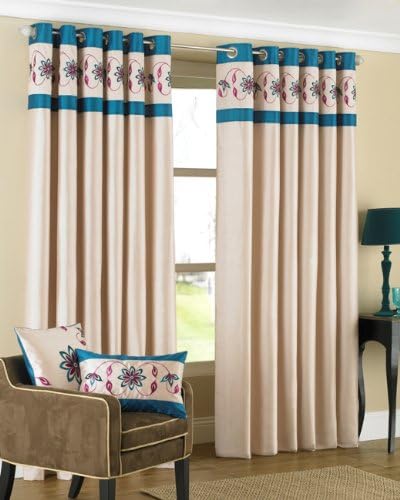 Riva Home Petra Floral Embroidered Faux Silk Eyelet Curtains