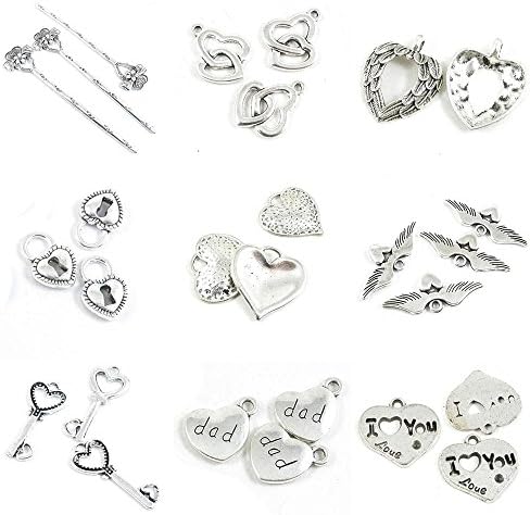 27 Pieces Jewelry Making Charms I Love You Heart Dad Skeleton Key Angel Wings Lock Feather Soulmate