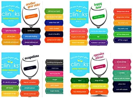 Clingks Drink Markers 4-pack (4 Sets of 12). Add Sass to Your Glass. An Edgy and Fun Alternative to Wine Charms. (Another Year Older, Happy Hour, Occupations, Opposites Attract)