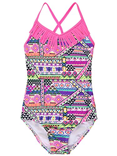 Attraco Big Girls Fringe Geometric Splice One Piece Swimsuit Swimwear Size 8
