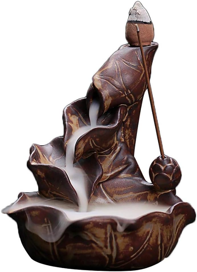 Ceramic Handmade Incense Burner Backflow Cones Sticks Holder Lotus Waterfall Smoke Holder Backflow Incense Burner with 10 Free Cones, Brown