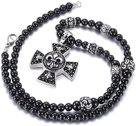 QTLI Gothic Style Jewelry 316L Stainless Steel Black Oil Pattern Pendant Black Glass Beads Long Necklace For Men , one size
