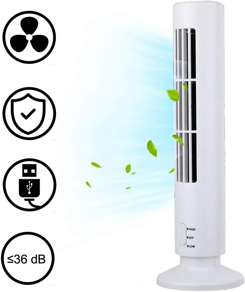 Naqifu Mini USB Tower Fan 2-Speed Portable Bladeless Cooling Air Conditioner Desk Desktop Table Cooler Fan for Personal Home Office (White)