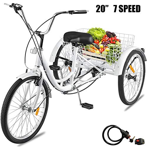 Happybuy Adult Tricycle 1 Speed 7 Speed Size Cruise Bike 20 Inch Adjustable Trike with Bell, Brake System Cruiser Bicycles Large Size Basket for Recreation Shopping Exercise (White/7 Speed)