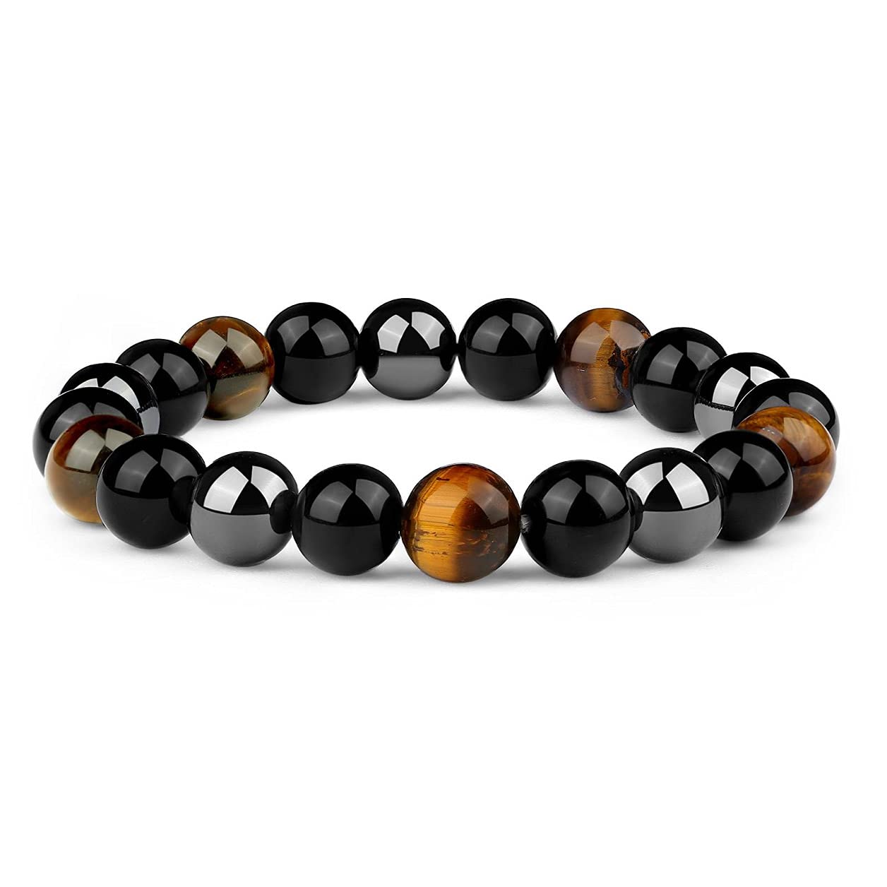 Photo 1 of Crystal Vibe Triple Protection Bracelet - 10mm Bead Bracelet for women men With Natural Stones of Tiger Eye Hematite and Black Obsidian - Healing Crystal Bracelet for Good Luck Prosperity Happiness