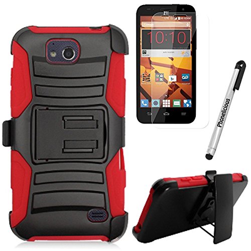 Phonelicious Cover for ZTE MAJESTY PRO Case/ZTE MAJESTY PRO PLUS Case, Xtreme Armor [Heavy Duty] Hybrid Dual Layer Kickstand Belt [Holster Clip] Combo Rugged + Screen Protector & Stylus (RED XC)