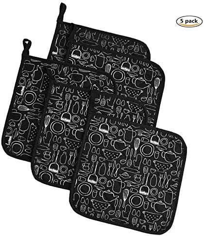 Potholders Trivets Kitchen Heat Resistant Cotton Coasters Hot Pads Pot Holders Set of 5 for Everyday Cooking and Baking by 8 x 8Inch (Black)