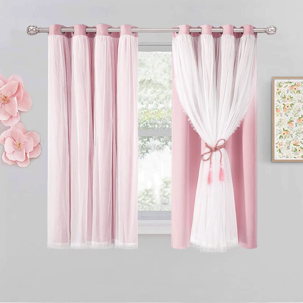 Photo 1 of SOFJAGETQ Short Pink Blackout Curtains with Sheer Overlay - Grommet Privacy Drapes, Cute Window Treatments for Kids/Girls Bedroom Nursery LivingRoom, 52 x 54 in, 2 PCs