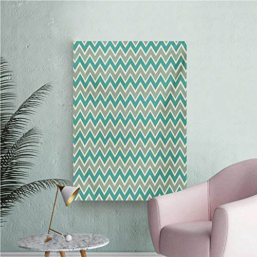 Chevron Photographic Wallpaper Zigzag Stripes Pattern Angular Design Retro Design InspirationsPale Sage Green Teal and Beige W32 xL36 The Office Poster