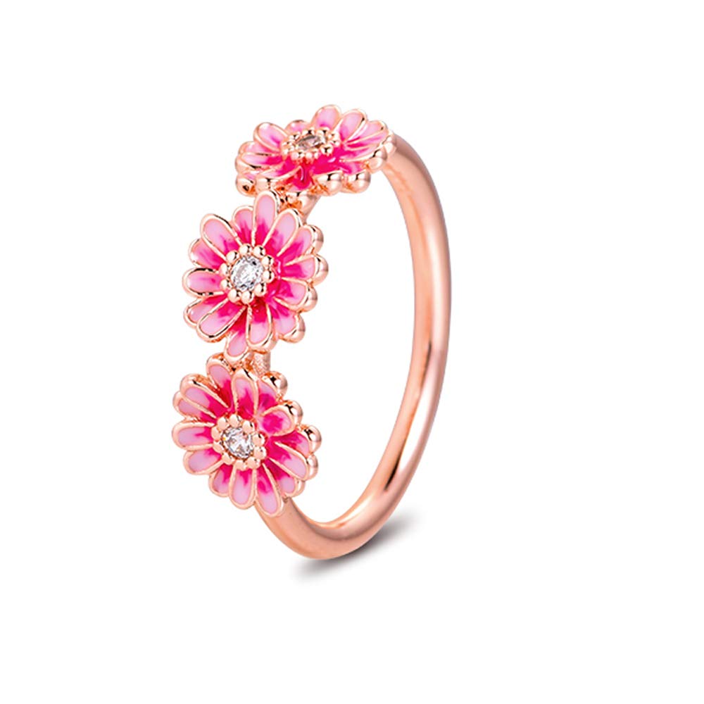2020 Spring Pink Daisy Flower Trio Rings for Women 925 Silver DIY Fits for Original Pandora Bracelets Charm Fashion Jewelry (54#)