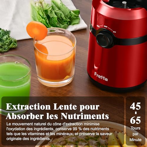 Juice Extractor, Fretta Juice Extractor for Whole Fruits and Vegetables, Large Opening 108 mm Slow Juicer, 1L Capacity, Cold Pressure, Easy to Clean, BPA-Free, 200 W (Red)