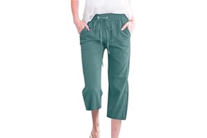 Linen Capris Womens Casual Summer Loose Fit Cropped Pants Drawstring Elastic Waist Straight Wide Leg Lounge Capri Pants