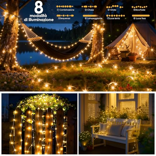 Outdoor Solar Lights, 4 Packs, 15 + 2 M 150 LED Outdoor Solar Light Chain IP65 Waterproof 8 Modes Warm White Copper Wire, Decorative Garden Solar Lights for Tree, Patio, Balcony