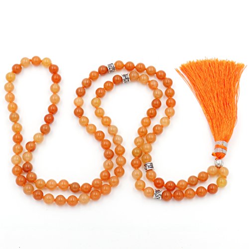 Mala Beads Necklace, Gemstone Mala Bracelet, Buddhist Prayer Beads Necklace, Tassel Necklace, Knotted Necklace (Orange Aventurine)