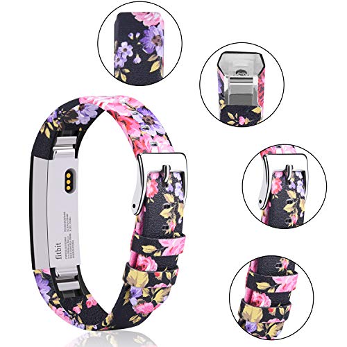AK Bands Compatible with Fitbit Alta HR Bands, Genuine Leather Adjustable Comfortable Wristbands for Fitbit Alta HR/Fitbit Alta (Floral Pink)