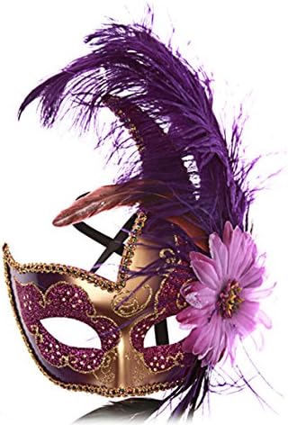 Women's Venetian Mask Halloween Masquerade Mask Princess Feathers Mardi Gras Mask