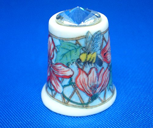 Porcelain China Collectable Thimble - Bee on Flower with Swarovski Crystal -- Free Gift Box