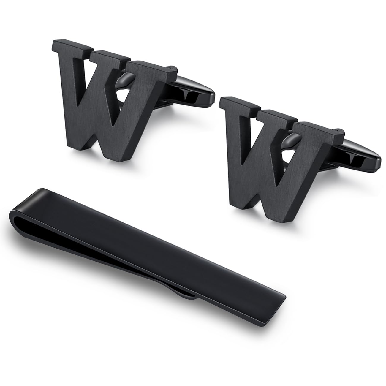 Honey Bear Initial Alphabet Letter Cufflinks Tie Clip Set for Mens - Black Stainless Steel, for Business Wedding Gift A - Z (W)