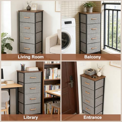 Fabric Storage Drawer, 4 Tiers Storage Bins Dresser Tower Drawer Unit | Steel Frame Storage Cabinet Wooden Top Closet Organizer for Clothes Snacks Toys Book Bedroom Entryway Office 38x29x94cm