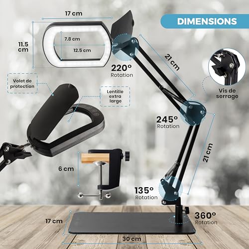 Onlyneo - 10X Magnifying Lamp on Stand, Rectangular XL Lens without Distortion, Desk Magnifying Lamp for Reading, Nailing, Diamond Painting, Crafts, DIY, 5 Colour and Brightness Modes