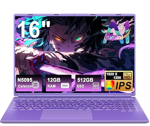 Laptop 16 Inch Celeron N5095 Up to 2.9Ghz, Laptop Win 11 with 5G WiFi 12+512GB SSD Expansion 1TB, BT 4.2 Mini Port Multimedia Laptop Cooling Fan 1920*1200-Purple