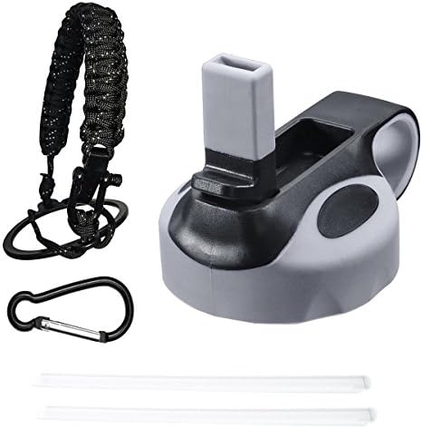 Aokon Straw Lid for Hydro Flask Wide Mouth Water Bottle with Paracord Handle and Alloy carabiner (Gray)