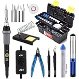 Soldering Iron Kit with On/Off Switch 60W 110V Adjustable Temperature Welding Soldering Iron, 5pcs Tips, Solder Sucker, Solder Wire, Tweezers, Desoldering Wick, Iron Stand and Sponge with Tool Case