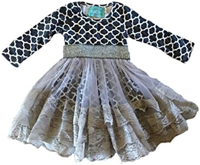 Kalliope Kids Little Girls Vintage Style Dress Trefoil Print Lace Skirt (4T, CCharcoal w/ Dove Grey Skirt)