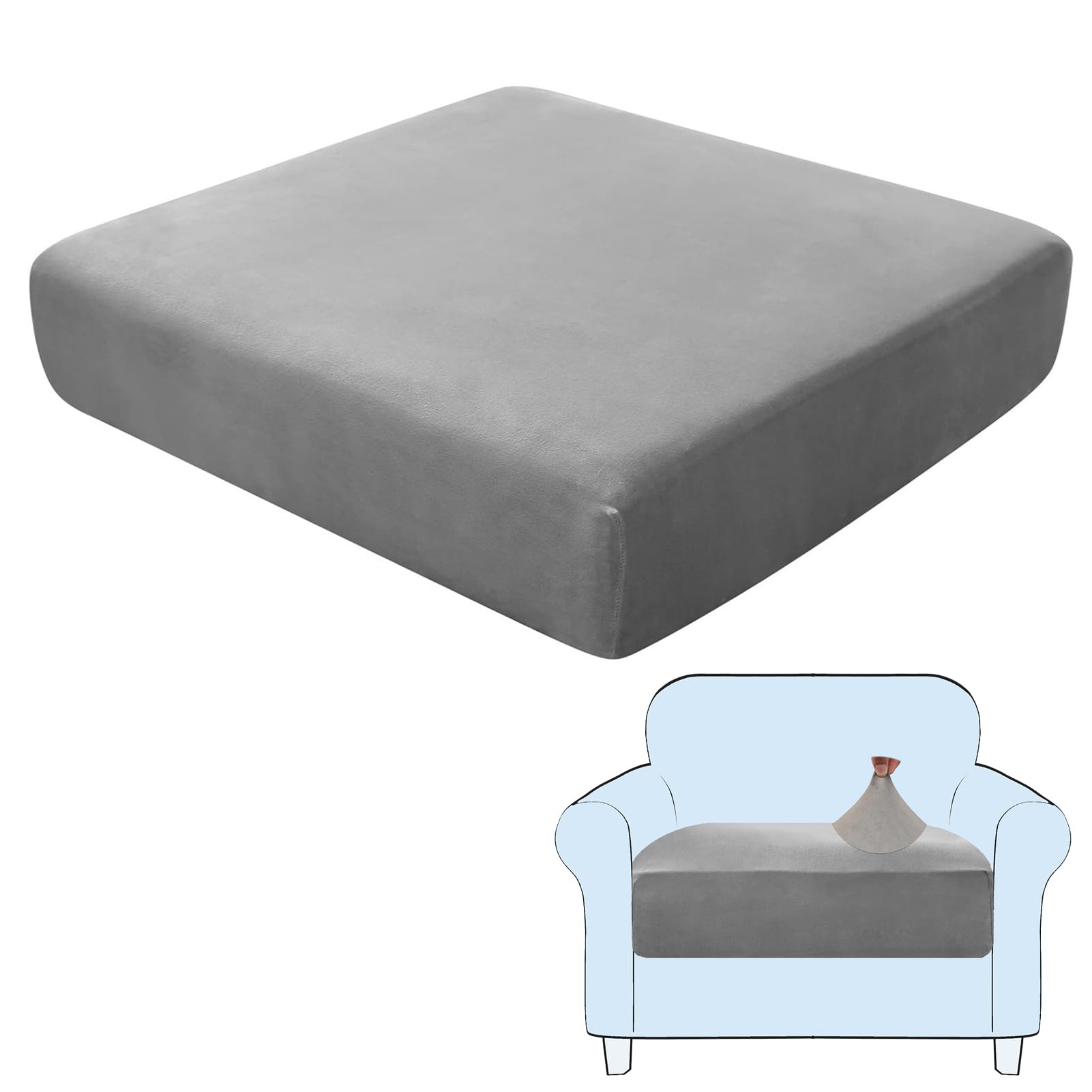 SHUOJIA Sofa Seat Cushion Covers, Stretch Velvet Sofa Cover, Non-Slip Couch Cushion Covers Replacement for Individual Cushion,with Elastic Fabric,Machine Washable (Grey,Large-1-Seater)