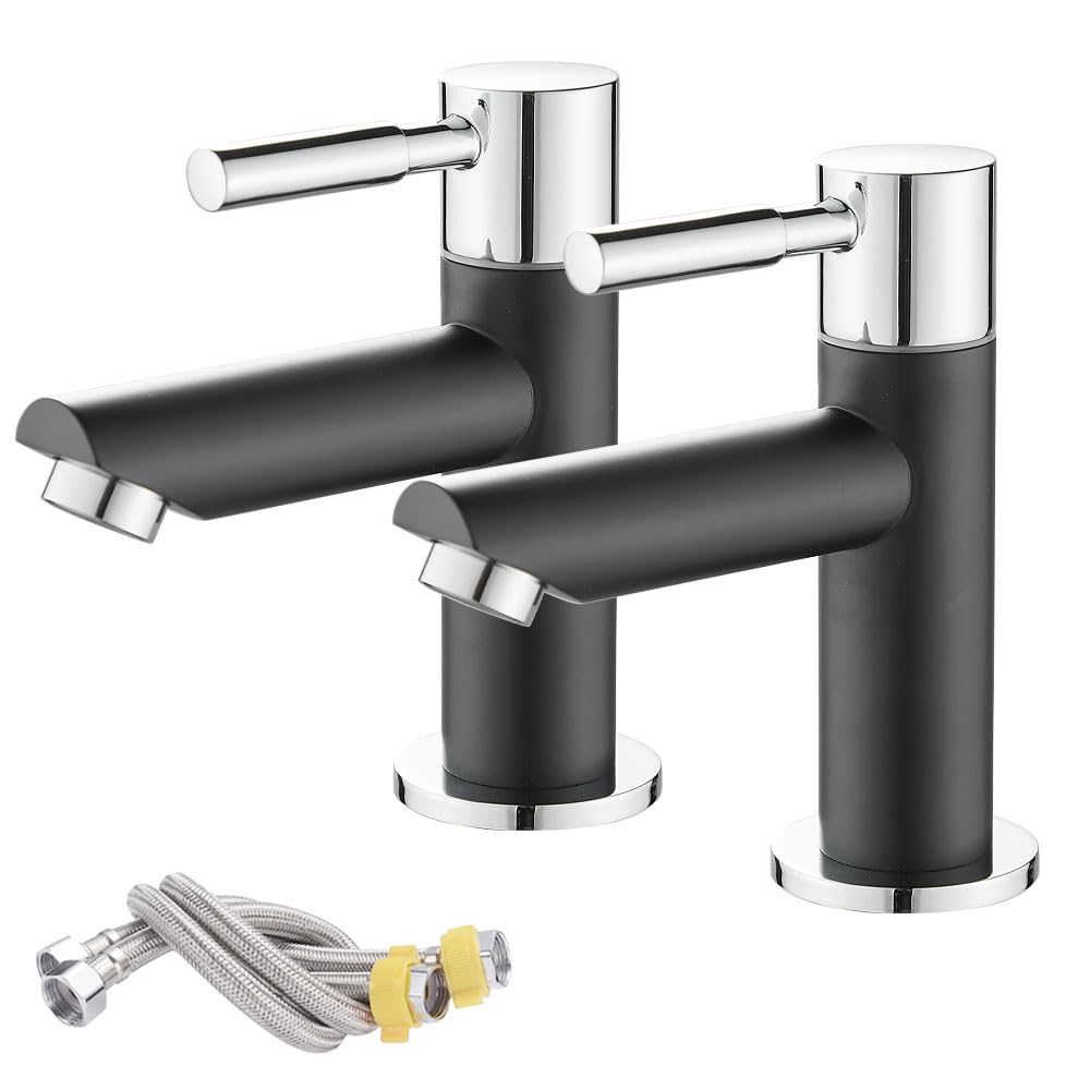 Maynosi Bathroom Basin Pillar Taps, Pair Basin Sink Mixer Taps, 1/4 Turn Washroom Pair Faucets, Twin Lever Modern Taps Pairs, Include Flexible Hoses, Brass (Mixed Colors)