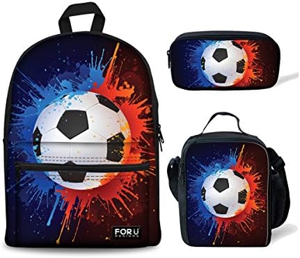 doginthehole Soccer Print School Backpack 3 Piece Set For Boy Girl Bookbag Rucksack