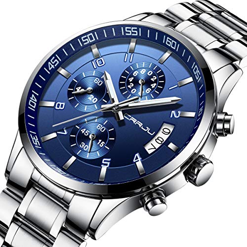 Men's Luxury Classic Calendar Stainless Steel Watch, Minimalist Unique Quartz Analog Dress Wristwatch with Bule Dial