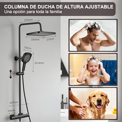 DelnVior Shower System with Thermostat Stainless Steel Square Rain Shower 3 Jet Types Complete Shower Set Adjustable Height with Anti-scald Protection Water Saving