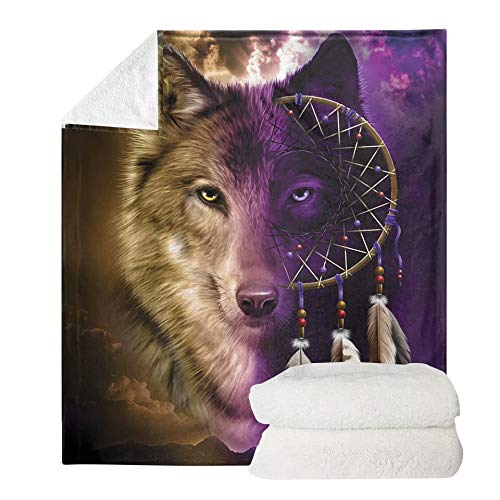 chaqlin Dream catcher Wolf Throw Blanket Lightweight Cozy Plush Blanket for Bedroom Living Rooms Sofa Couch Animal Wolf Print Throw Blanket-114x152 cm — image 1
