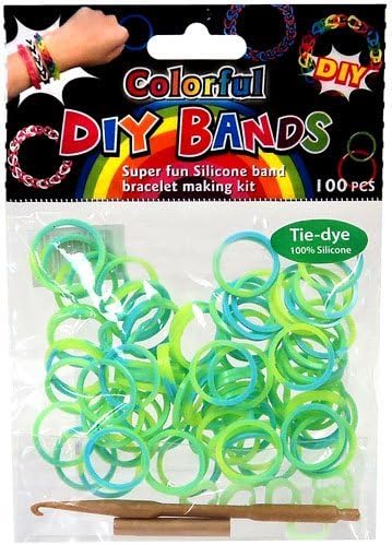 D.I.Y. Do it Yourself Bracelet Bands 100 Green &amp; Blue Tie Dye Rubber Bands with Hook Tool &amp; Buckles