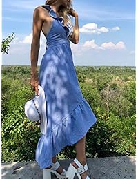 Conmoto vestido largo de verano sin mangas con volantes y cuello en V para mujer