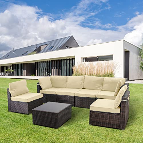 LeveLeve 7 Piece Wicker Patio Furniture Set PE Wicker Rattan Patio Set Porch Furniture, Cushioned Patio Chairs Outdoor Chat Conversation Set, Brown… (Sand)