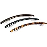 Parcelona French Skinny Rounded Savana, Tortoise Shell Brown and Black 4” Celluloid Automatic Set of 3 Hair Clip Barrettes for Women and Girls